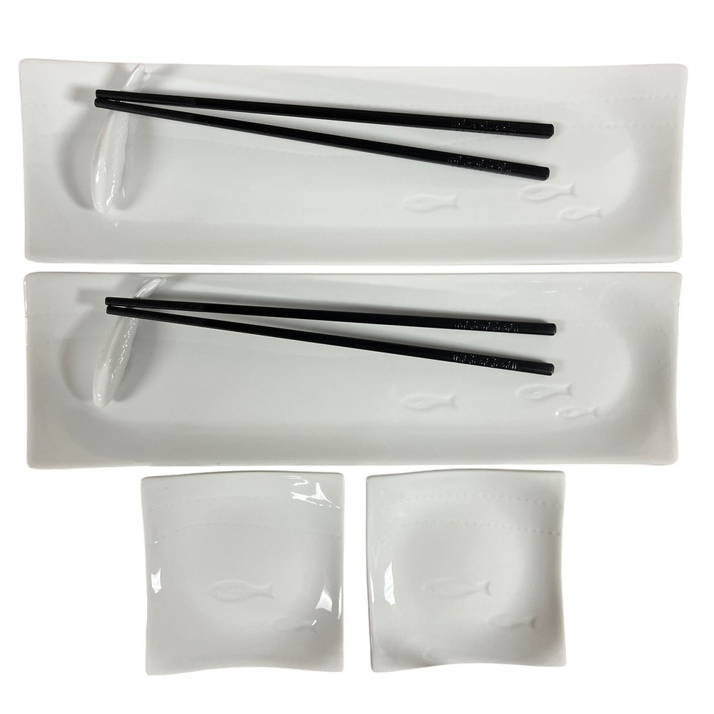 Crate & Barrel Sushi Set for 2 White Porcelain Embossed Fish 8 Pc Zen Minimalist